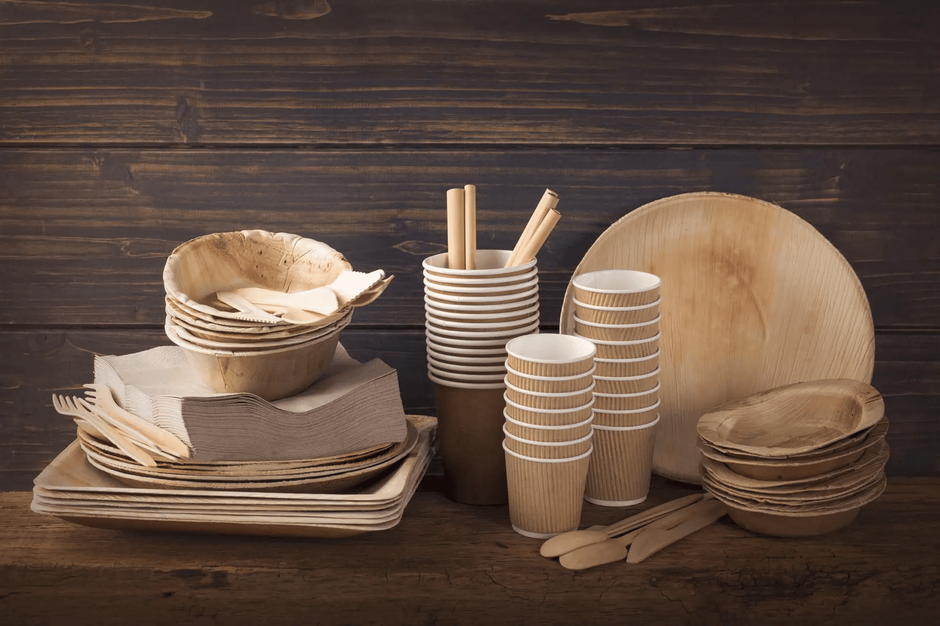 Palm leaf plates, bowls and paper cups on a wooden table